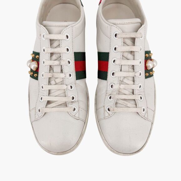 Gucci Pearl-Embellished Ace Sneakers White Leather Size 38.5 US 8.5 Women's - Picture 3 of 15